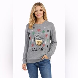 Well Worn Winter Vibes Sequin Coffee Mug Sweater Gray Medium